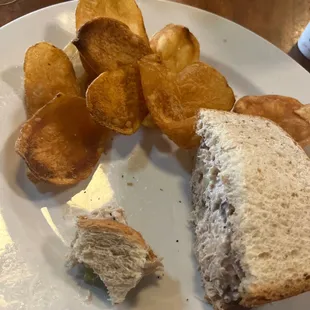 Chicken salad sandwich and homemade chips