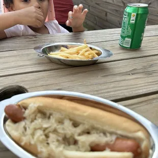 Hot dog with sauerkraut , and I added ketchup and mustard it was great