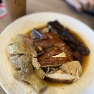 steam chicken, soy chicken, and charsiu