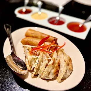 Potstickers and Vegetable Spring Rolls