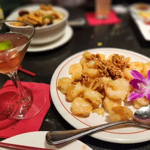 Honey glazed walnut shrimp and Frank's Cosmo drink