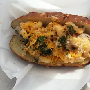 Chipotle lobster mac n cheese on a bratwurst