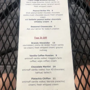 Dessert menu