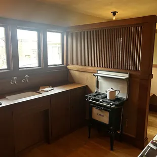 Restored kitchen (mostly original wood) and period appropriate stove