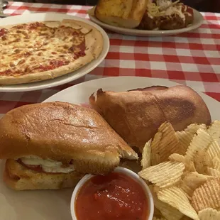 Franks sandwich. Cheese pie. Shrimp Parmesan