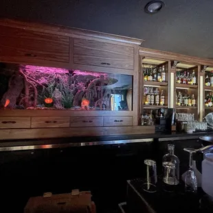 a bar with a fish tank in the back
