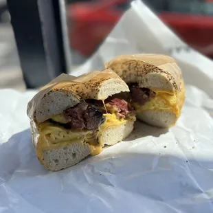 Egg, pastrami and cheese beagle