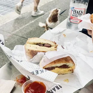 Pastrami egg and cheese on challah bread