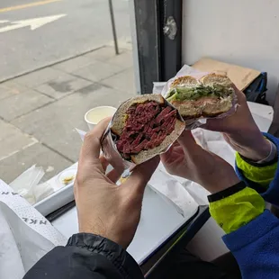 Hot Pastrami and a Frank's #1 Bagel with Salmon and Cream cheese