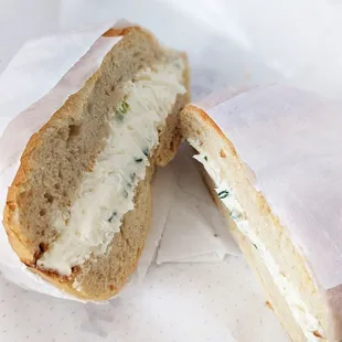 Toasted bagel with scallion cream cheese