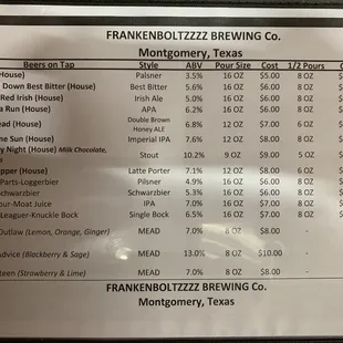 Beer and Mead menu