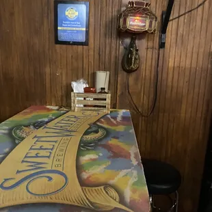 a table with a sign on it