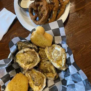 Charbroiled oysters and fried green peppers with ranch dip