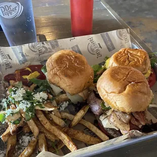 The 3 amigo sliders and fries