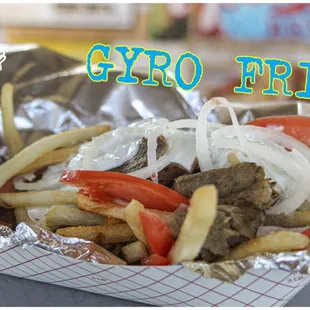 Gyro Fries ($10): A delicious basket of French Fries topped with Gyro, tomatoes, onions, and tzatziki sauce.
