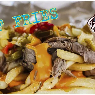 Beef Fries ($10): Our delicious French Fries topped with Italian Beef, Hot, Mild or Sweet peppers, and melted cheddar sauce.