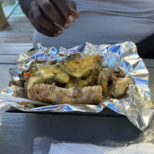 Italian beef with hot peppers and sweet with cheese.