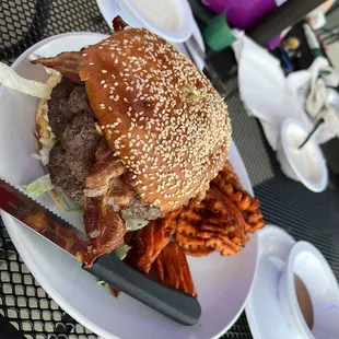 Double Bacon Cheeseburger and Sweet Potato Waffle Fries with Special Sauce and Homemade Ranch Dressing.