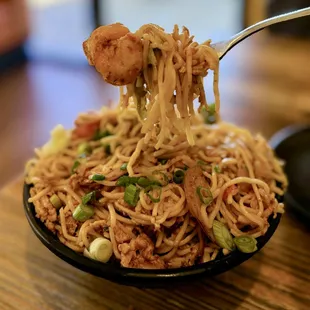 Schezwan Noodles ($14.99) w/ egg (+$1.50), shrimp (+$3.50)