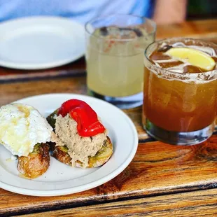 a plate of food and a drink