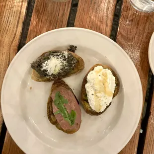 Chicken Liver, Ricotta &amp; Honey, and Cremini Mushroom Crostini.