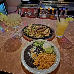 Combo fajitas - chicken &amp; beef, great veggies, refried beans and rice!