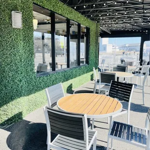 a table and chairs outside