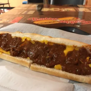 Foot long with chili and cheese.