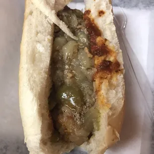 Meatball sub with onion and peppers
