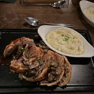 Cold Beef Wellington with cold mashed potatoes