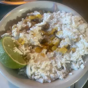 Alleged &quot;Street Corn&quot; aka canned corn with grated queso blanco.