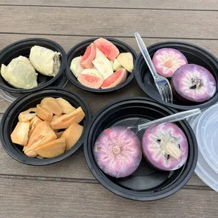 Durian, sapote, guava, mango and star apple.