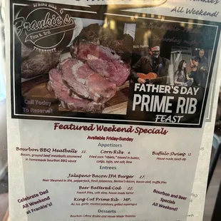 menu for father&apos;s day prime rib feast