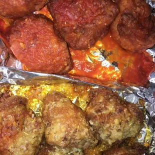 Hot boneless wings and garlic parmasean boneless wings. So yummy
