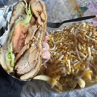 Chicken sandwich with chili cheese fries.