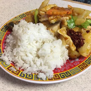 Chicken in onion and curry sauce with white rice
