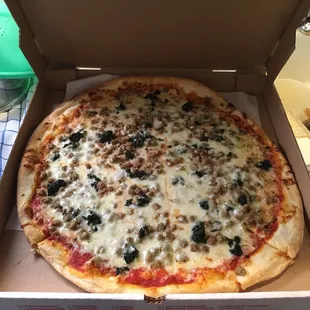 Spinach, hamburger, and extra cheese!