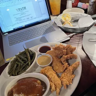 Chicken Tenders Platter with Southern Style Green Beans and Mashed Potatoes &amp; Gravy.