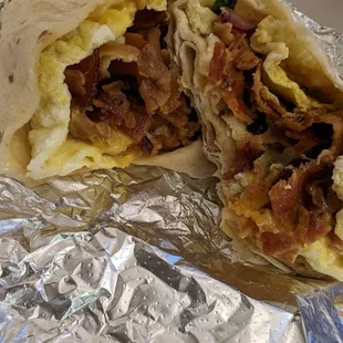 The middle of my bacon breakfast burrito
