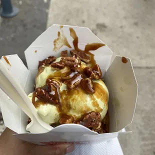 Green tea and Vanilla Bean Ice Cream, Hot Caramel Drizzle, Salted Pecans