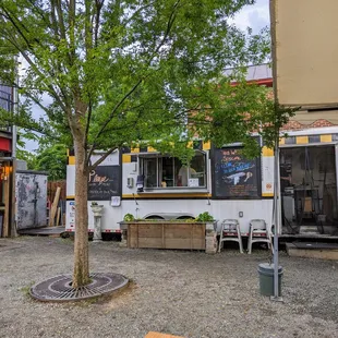 Outside. Roquette food truck at the beer garden.