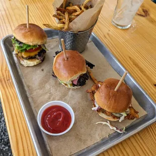 Sliders. $15. Two cheeseburgers and one chicken sandwich. You can mix and match. Hand Cut Fries. $8.