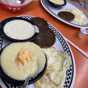 Pimento cheese grits, sausage and eggs