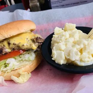 Classic cheeseburger and potato salad