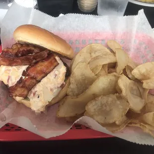 Pimento Cheese Burger with Floppy Chips.