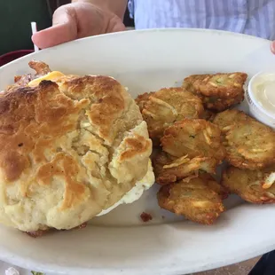 Breakfast biscuit sandwich &amp; potato pancakes
