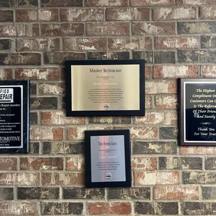 Certified Auto Repair and Master Technician plaques