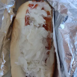 Bratwurst with sauerkraut, ketchup, and mustard