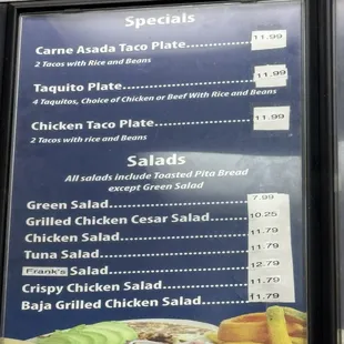 menu: specials and salads