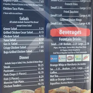 Menu- Dinner plates, Salads, Sides &amp; Drinks